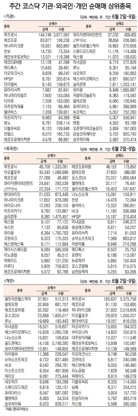 데이터로 보는 증시 루트로닉 기관·외국인 주간 코스닥 순매수 1위6월 5일~9일 서울경제