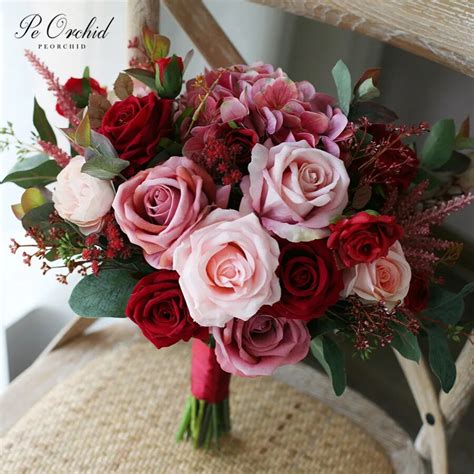 Peorchid Burgundy Pink Wedding Bouquet Flowers Bridal Artificial