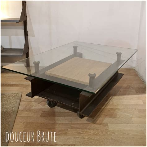 Table basse style industriel métal et bois GRAPHIQ sur roulettes