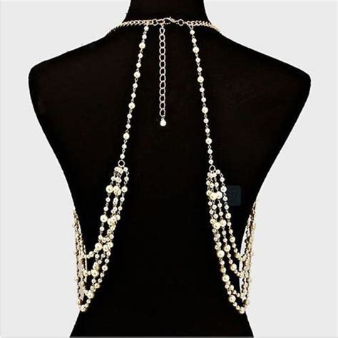 Dam Sexig Pärla Kroppen Kedja Layered Tofs Halsband Bikini Beach Accessoarer Underkläder BH