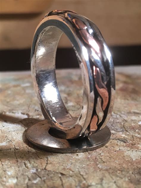 Sterling Silver Spinner Ring Handmade Twisted Center Copper And