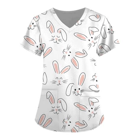 Knosfe Easter Scrub Tops Plus Size Short Sleeve Rabbit Nursing V Neck Scrubs Shirts Plus Size