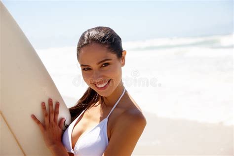 Woman Ocean And Surfboard For Surfing Or Portrait With Bikini Adventure And Fitness With Blue