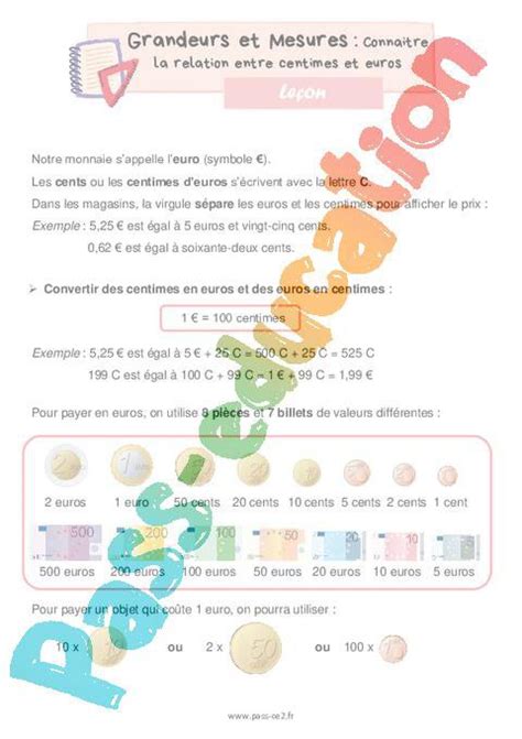 Connaitre La Relation Entre Centimes Et Euros Le On De Grandeurs Et