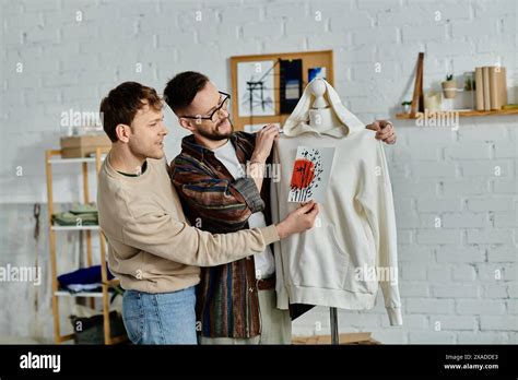 Two Men A Gay Couple Stand In A Designer Workshop Creating Trendy Attire Stock Photo Alamy