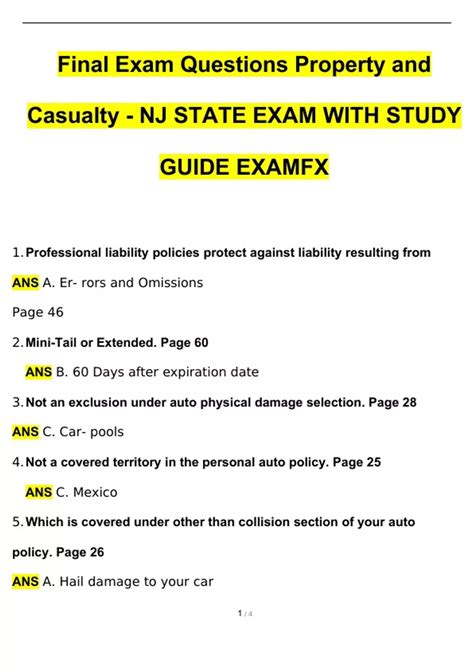 NJ Property and Casualty - STATE EXAM Final Exam Questions WITH STUDY