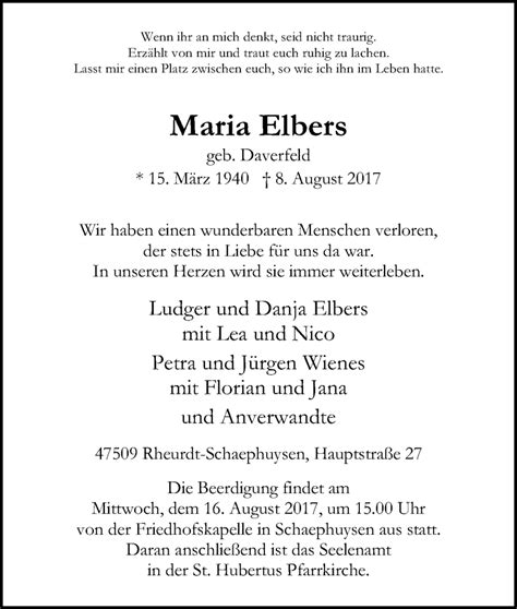 Traueranzeigen Von Maria Elbers Trauer In NRW De