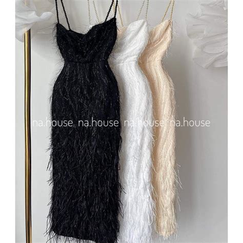 Mua ĐẦM TRẮNG LÔNG VŨ HAI DÂY CƯỜM ĐI CHƠI DỰ TIỆC CƯỚI NAHOUSE VÁY ĐEN NUDE DÁNG DÀI THIẾT KẾ