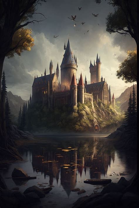 A Castle Is Shown In The Middle Of A Lake With Trees Around It And