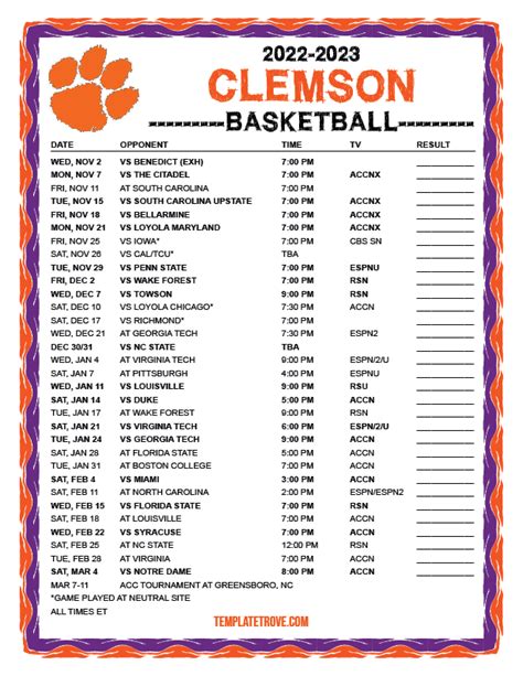 Printable 2022 2023 Clemson Tigers Basketball Schedule