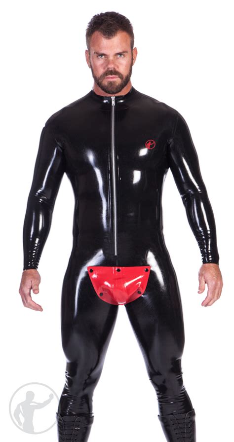 Premium Quality Mens Latex Cod Piece Catsuit With Zip Up Front