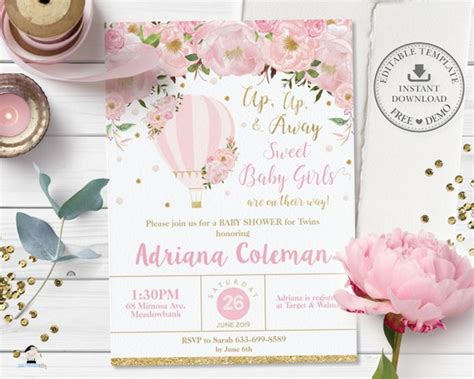 Hot Air Balloon Twins Baby Shower Invitation Twin Girls Chic Blush Pink Floral Printable Pink