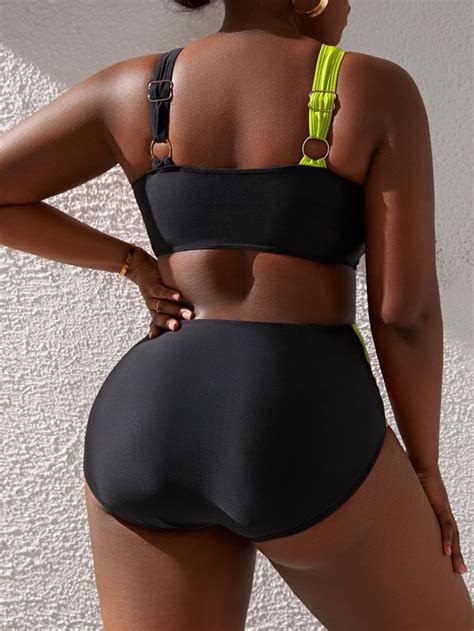 Shein Shein Swim Sxy Plus Two Tone Bikini Set Cut Out Cross Wrap Halter Top High Waist Bikini