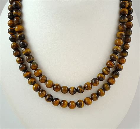 Long Tiger Eye Necklace Gemstone Bead Necklace Tigers Eye Etsy