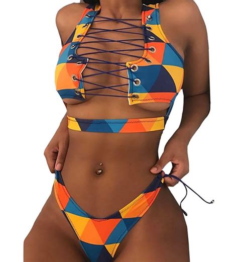 Women S African Print Two Piece Lace Up Bikini Set High Cut Thong Swimsuit Bqb Ci Gtendg