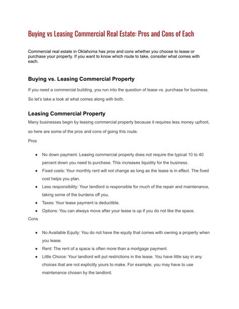 Ppt Buying Vs Leasing Commercial Real Estate Pros And Cons Of Each