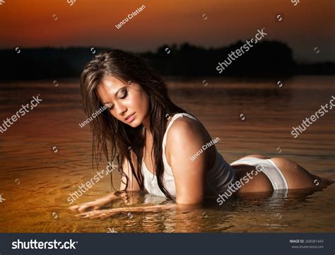 Sexy Brunette Woman Lingerie Laying River Stock Photo Shutterstock