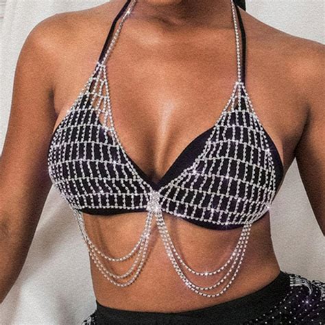 Woman Sexy Grid Body Chain Chest Chain Rhinestone Fringed Bra Chain Crystal Bikini Lingerie