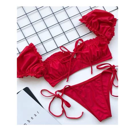 Sexy Micro Bikini Women Solid Red Short Sleeve Push Up Pleate Swimsuit Girl Summer Bathing Suit