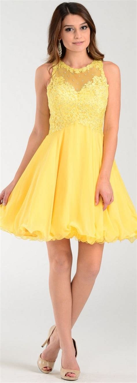 Poly Usa 7456 Short A Line Chiffon Prom Dress Yellow Sheer Neck Prom