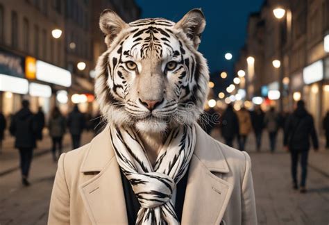 Anthropomorphic White Tiger Wearing A Coat And Scarf Standing On A