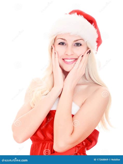 Belle Jeune Femme De Sourire Utilisant Le Chapeau De Santa Image Stock