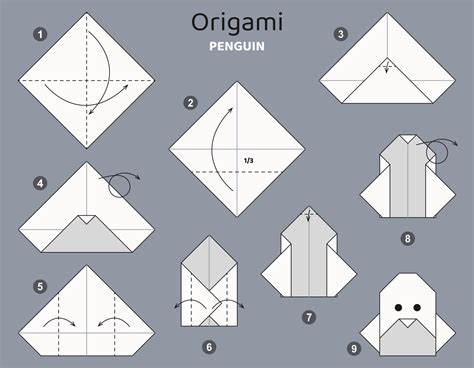 Tutorial penguin origami scheme. isolated origami elements on grey ...
