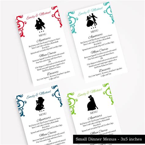 Fairytale Wedding Dinner Menus Disney Couple Silhouette Wedding Menus