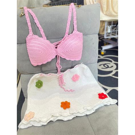 SET BIKINI LEN MÓC HANDMADE ÁO HỒNG CHÂN VÁY TRẮNG ĐÍNH HOA SIÊU ĐẸP CÓ SẴN HIMI Shopee