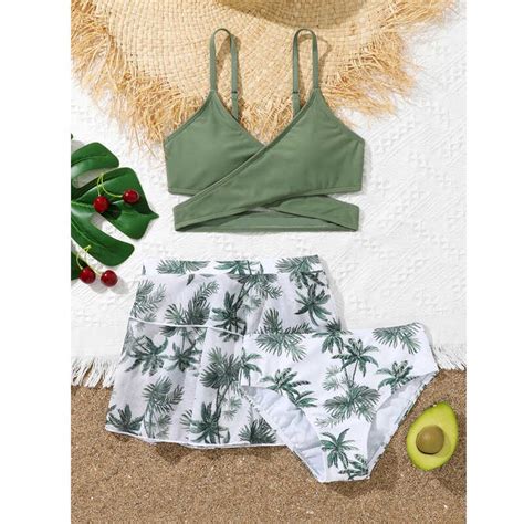 Babaeng Pack Coconut Palm Print Bikini Sets Na May Skirts Cross Wrap Swimsuit Years