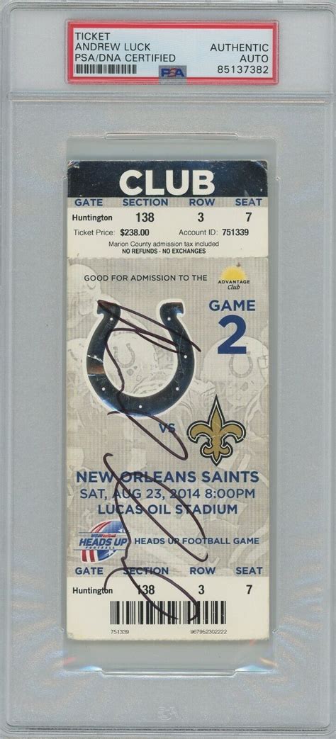 Andrew Luck Colts Ticket Stub Saints Psa Dna Signed Auto