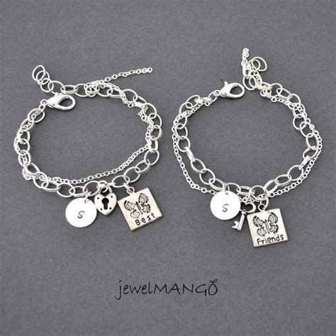 Friend Bracelet Friendship Bracelet Set Bff Key And Lock Besties Monogram Jewelry Initial