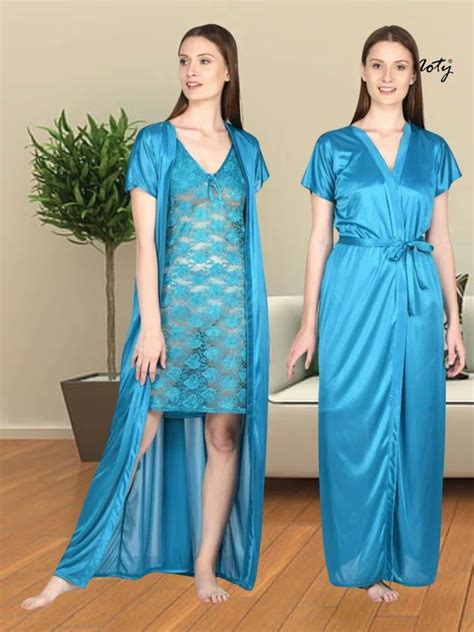 Nighty Set Satin Hot Night Slip With Robe Fiery Ferozi NS S