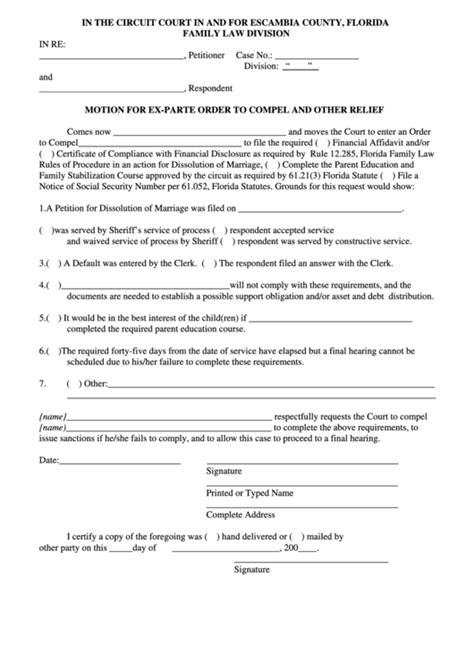 Motion For Ex Parte Order To Compel And Other Relief Form Printable Pdf