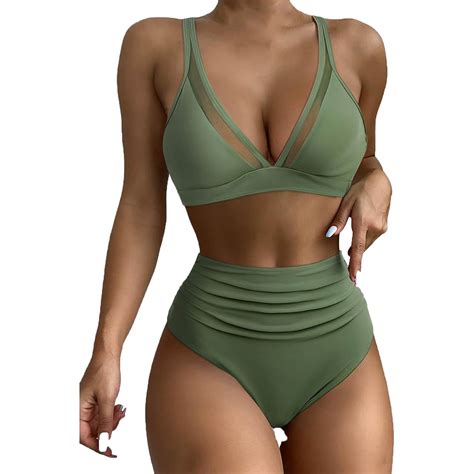 Buigttklop Women Mesh High Waisted Bikini Set Sexy V Neck Tummy Control