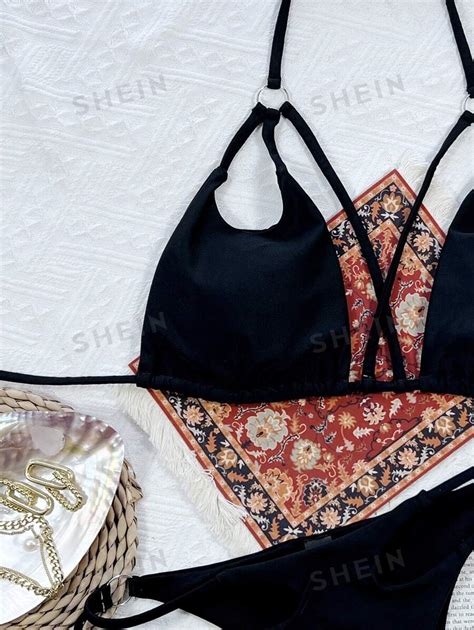 SHEIN Swim SXY Conjunto de bikini mono sujetador de microtriángulo recortado con anillo y tanga