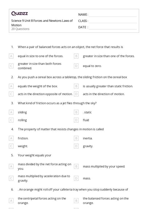 50+ forces and newtons laws of motion worksheets for 9th Class on