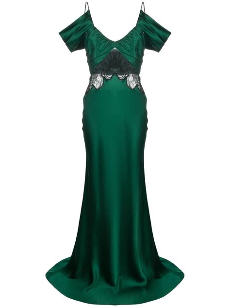 Alberta Ferretti Off Shoulder Lace Panel Satin Gown Farfetch