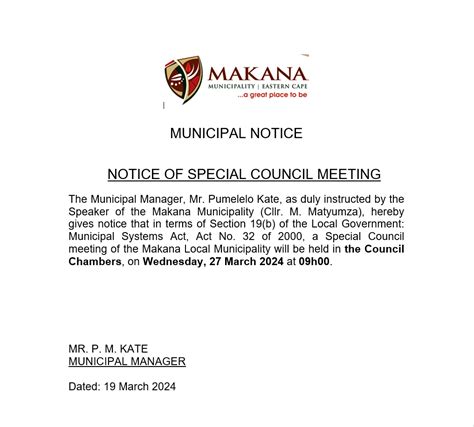 NOTICE OF SPECIAL COUNCIL MEETING Makana Municipality