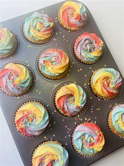 Vanilla Cupcakes With Rainbow Icing Baking With Fay