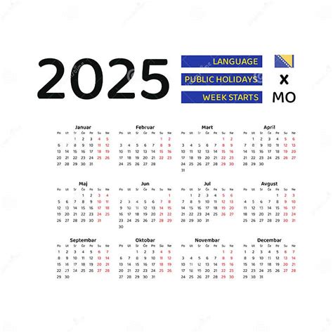 Bosnia and Herzegovina Calendar 2025. Week Starts from Monday. Vector