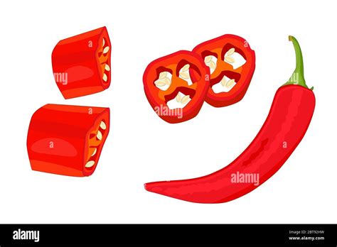 Chilli Pepper Isolated On White Background Set Of Red Hot Chili Pod With Whole Sliced Piece