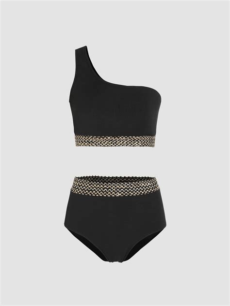 Rib Contrast Trim One Shoulder Bikini Set