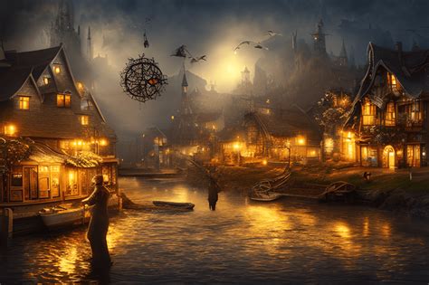 Stunning Magical Night Steampunk Fishing Village · Creative Fabrica