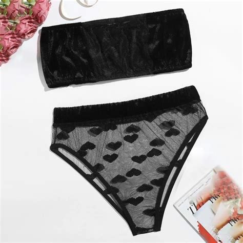 Mesdames Mode Sexy Belle Lingerie Velours En Forme De Coeur En Maille Ensemble De Sous Vêtements