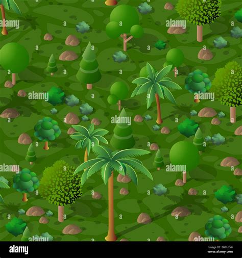 Nature Forest Landscape Of Isometric Illustration With Green Tree Stock