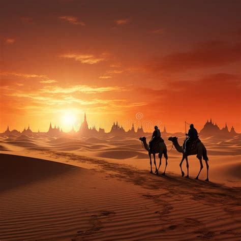 Majestic Camel Caravan Against A Desert Sunset Dubai Skyline