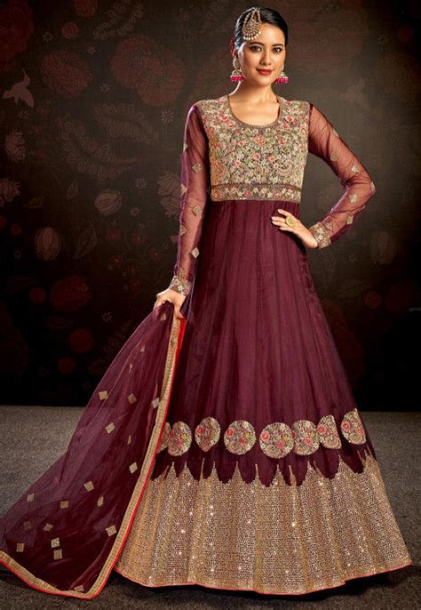 Buy Embroidered Net Abaya Style Suit In Wine Online Kch Utsav