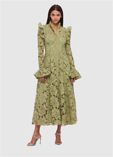 Aliyah Lace Butterfly Sleeve Midi Dress Olive Leo Lin