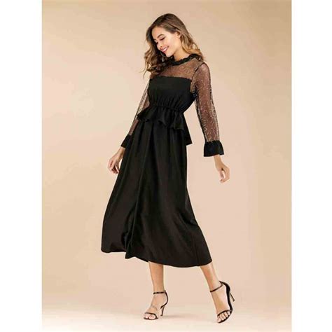 Women Elegant Midi Cocktail Wedding Guest Black Mesh Dress Apricus